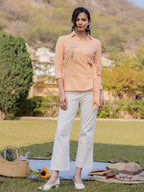Yufta Mustard Cotton Checks Print Top With Embroidery | Grocsy