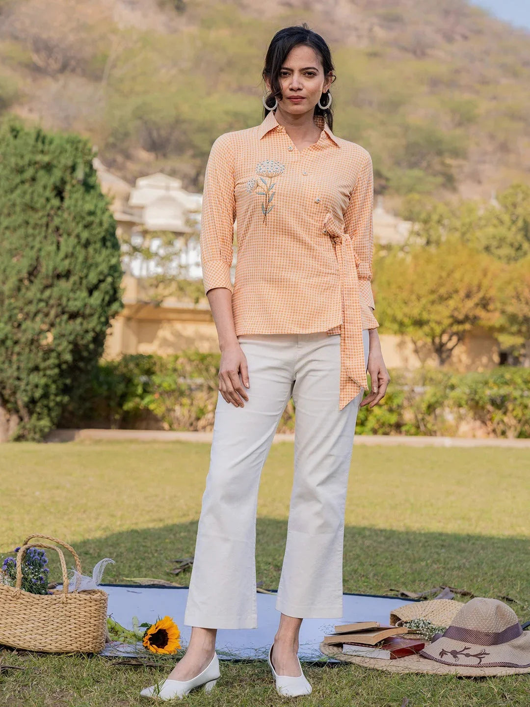 Yufta Mustard Cotton Checks Print Top With Embroidery | Grocsy