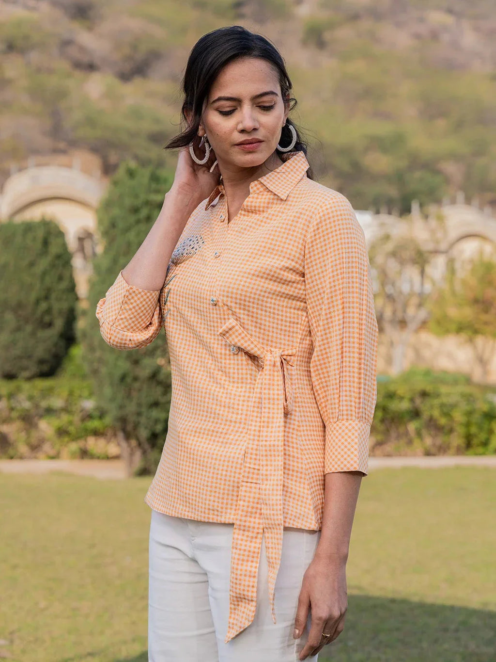 Yufta Mustard Cotton Checks Print Top With Embroidery | Grocsy