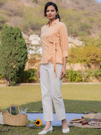 Yufta Mustard Cotton Checks Print Top With Embroidery | Grocsy