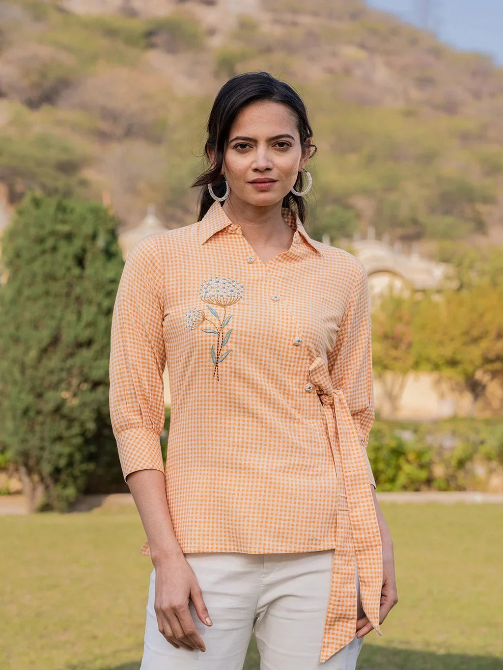 Yufta Mustard Cotton Checks Print Top With Embroidery | Grocsy