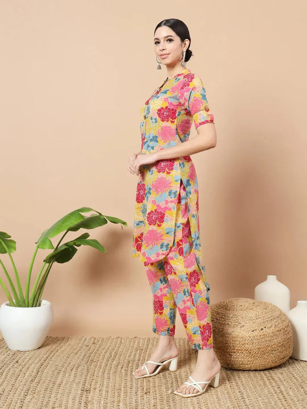 Yufta Mustard Floral Print Hand Work On Yoke Cotton Co-Ord Set | Grocsy