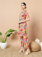 Yufta Mustard Floral Print Hand Work On Yoke Cotton Co-Ord Set | Grocsy