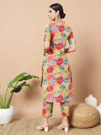 Yufta Mustard Floral Print Hand Work On Yoke Cotton Co-Ord Set | Grocsy