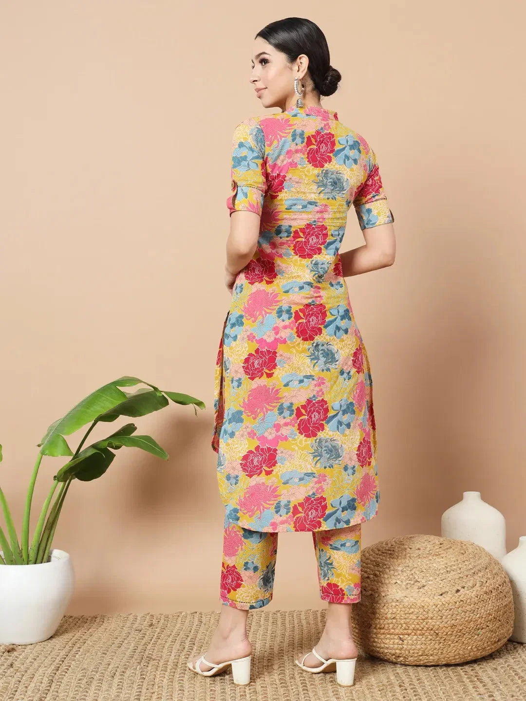Yufta Mustard Floral Print Hand Work On Yoke Cotton Co-Ord Set | Grocsy