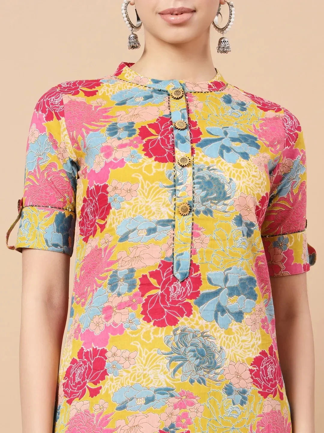 Yufta Mustard Floral Print Hand Work On Yoke Cotton Co-Ord Set | Grocsy