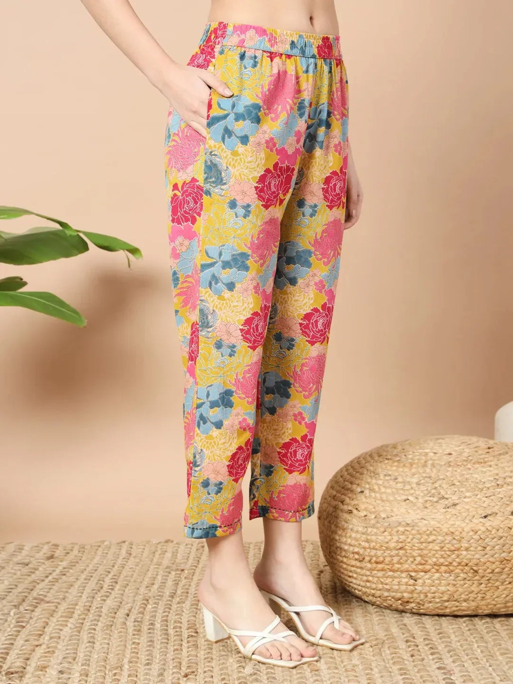 Yufta Mustard Floral Print Hand Work On Yoke Cotton Co-Ord Set | Grocsy