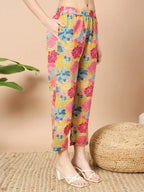 Yufta Mustard Floral Print Hand Work On Yoke Cotton Co-Ord Set | Grocsy