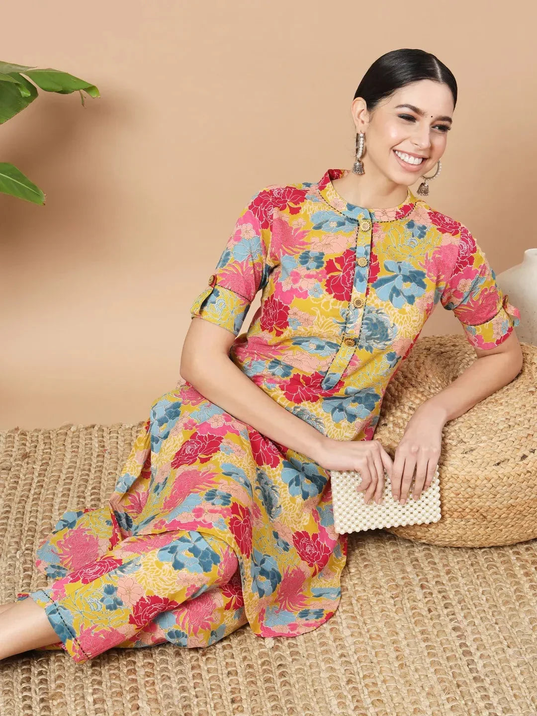 Yufta Mustard Floral Print Hand Work On Yoke Cotton Co-Ord Set | Grocsy