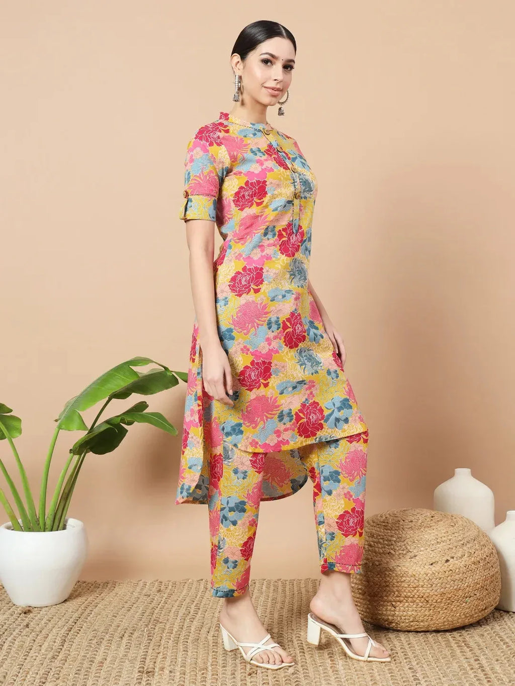 Yufta Mustard Floral Print Hand Work On Yoke Cotton Co-Ord Set | Grocsy