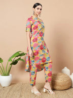 Yufta Mustard Floral Print Hand Work On Yoke Cotton Co-Ord Set | Grocsy