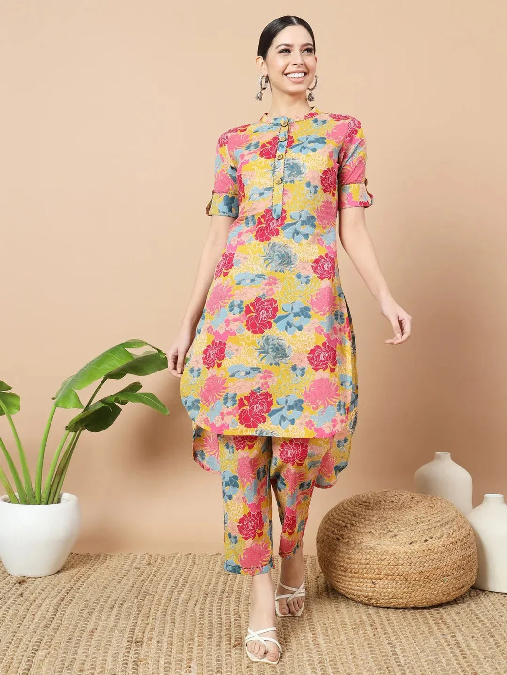 Yufta Mustard Floral Print Hand Work On Yoke Cotton Co-Ord Set | Grocsy