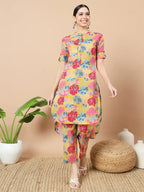 Yufta Mustard Floral Print Hand Work On Yoke Cotton Co-Ord Set | Grocsy