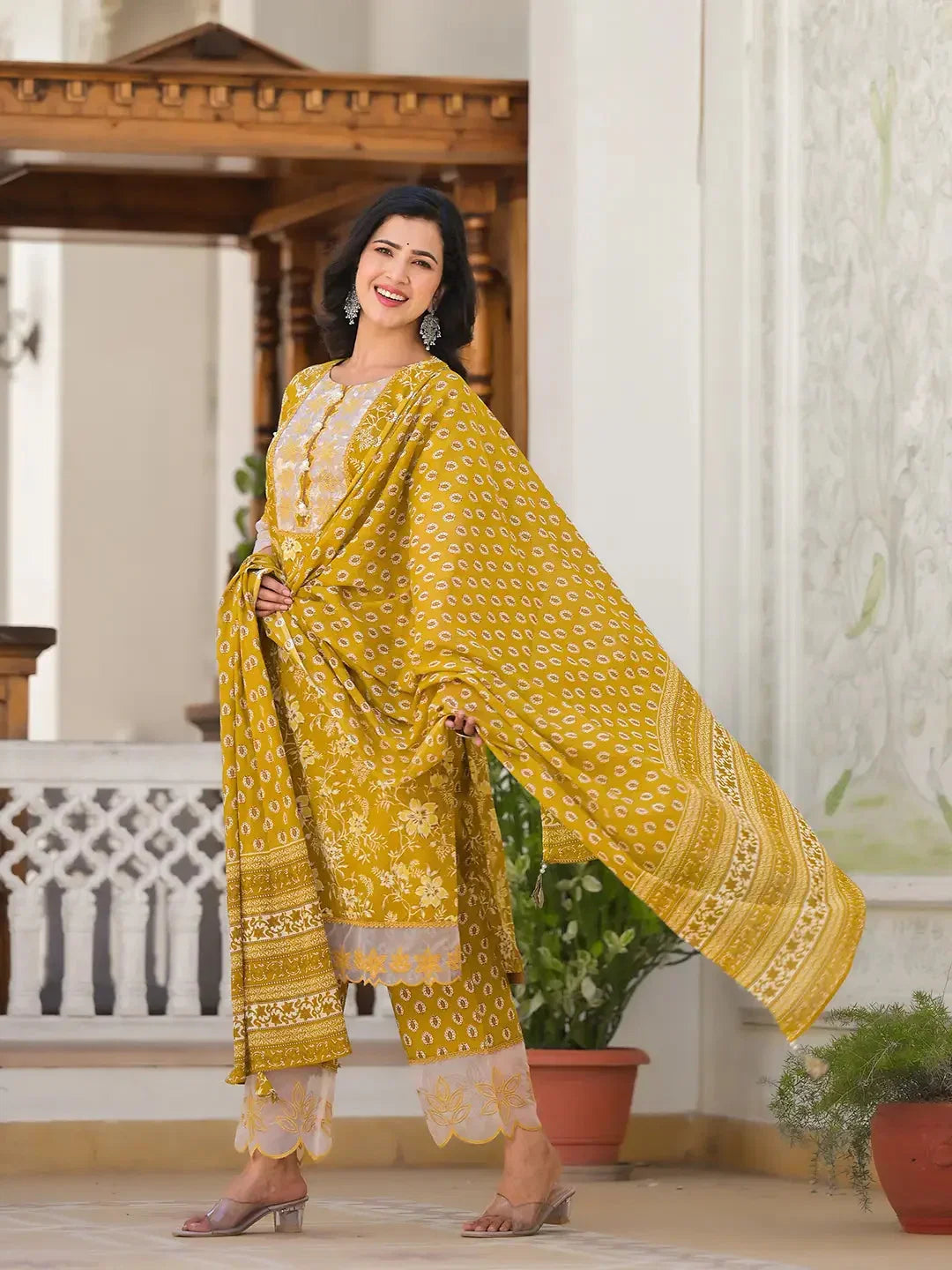Yufta Mustard Floral Print Pakistani Style Kurta Trouser And Dupatta Set | Grocsy