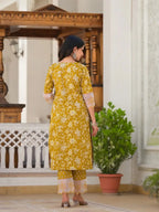 Yufta Mustard Floral Print Pakistani Style Kurta Trouser And Dupatta Set | Grocsy