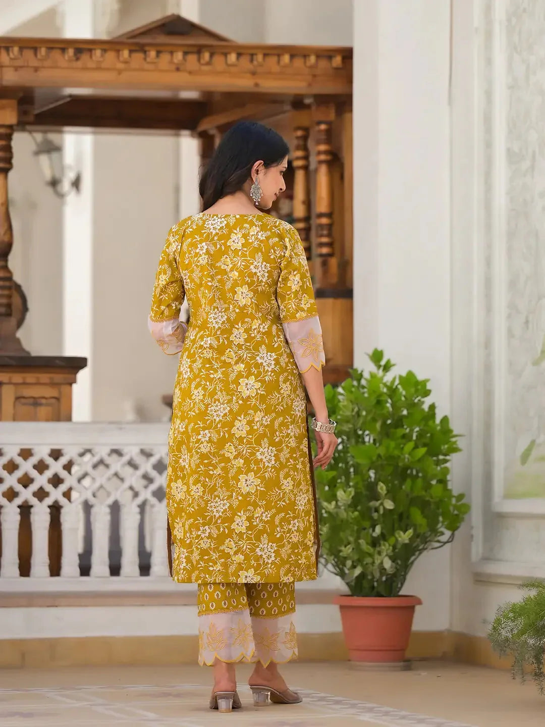 Yufta Mustard Floral Print Pakistani Style Kurta Trouser And Dupatta Set | Grocsy