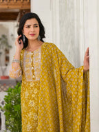 Yufta Mustard Floral Print Pakistani Style Kurta Trouser And Dupatta Set | Grocsy