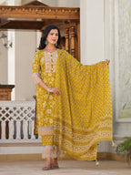 Yufta Mustard Floral Print Pakistani Style Kurta Trouser And Dupatta Set | Grocsy