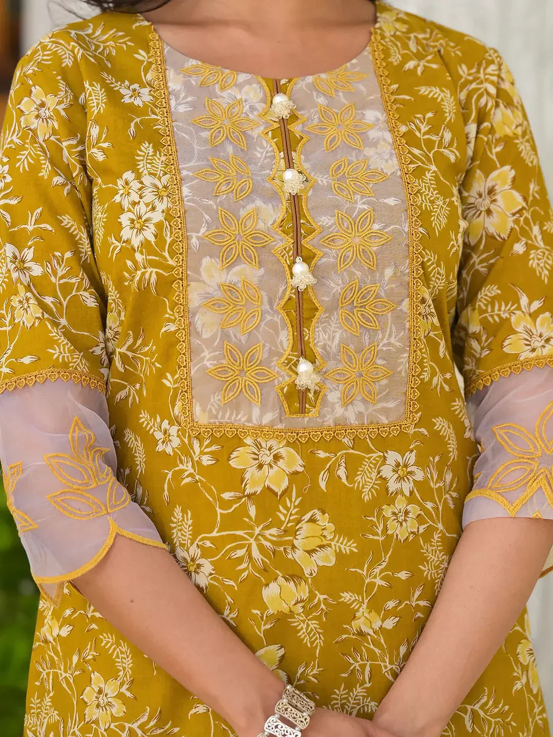 Yufta Mustard Floral Print Pakistani Style Kurta Trouser And Dupatta Set | Grocsy