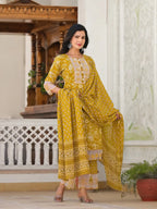 Yufta Mustard Floral Print Pakistani Style Kurta Trouser And Dupatta Set | Grocsy