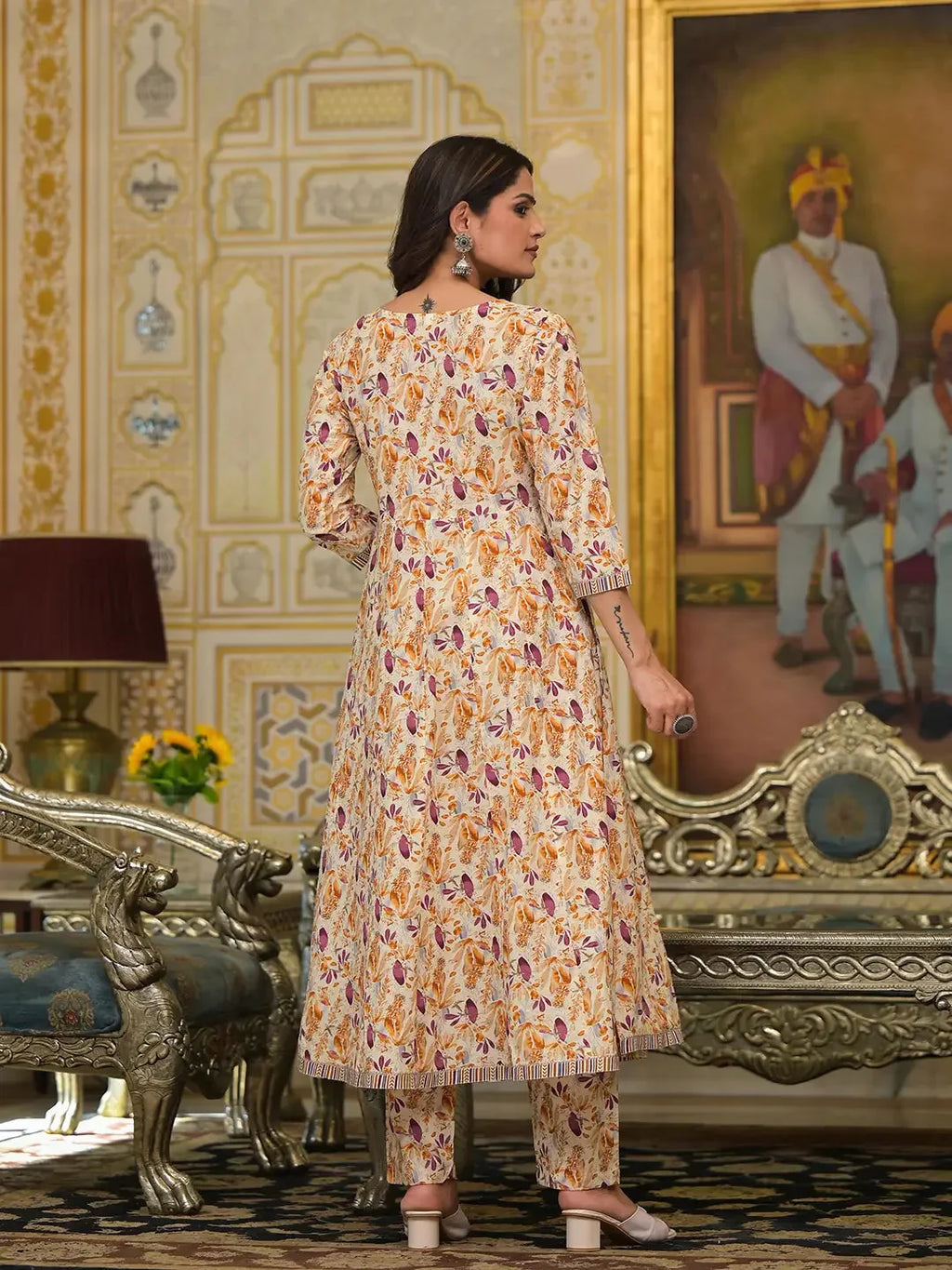 Yufta Mustard Leaf Print Zari Work Anarkali Kurta Trouser With Dupatta Set | Grocsy