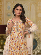 Yufta Mustard Leaf Print Zari Work Anarkali Kurta Trouser With Dupatta Set | Grocsy