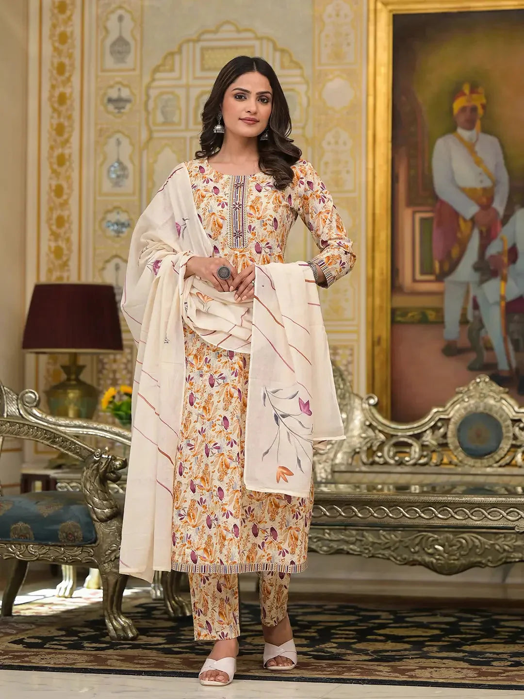 Yufta Mustard Leaf Print Zari Work Anarkali Kurta Trouser With Dupatta Set | Grocsy