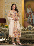 Yufta Mustard Leaf Print Zari Work Anarkali Kurta Trouser With Dupatta Set | Grocsy