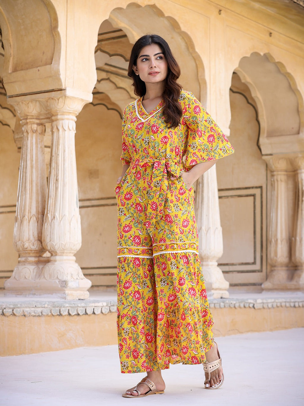 Yufta Mustard Printed Jumpsuit | Grocsy