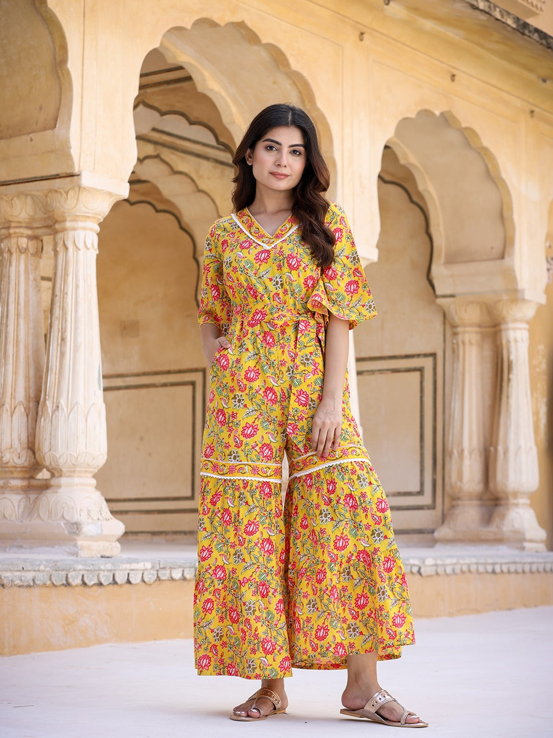Yufta Mustard Printed Jumpsuit | Grocsy
