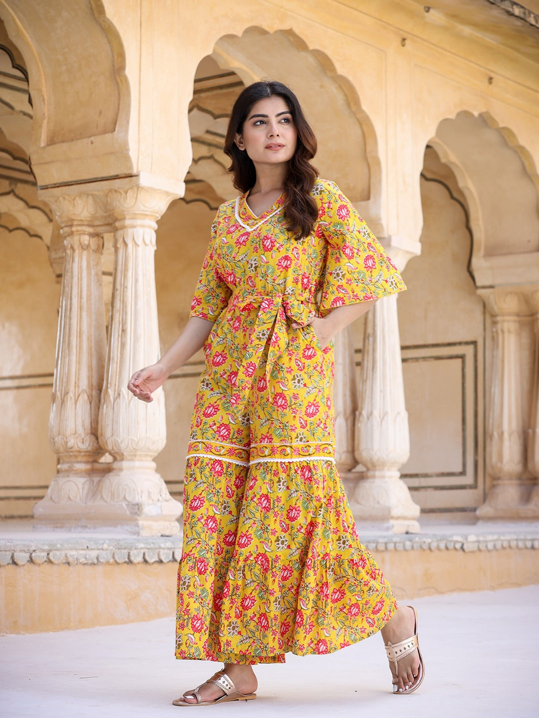 Yufta Mustard Printed Jumpsuit | Grocsy