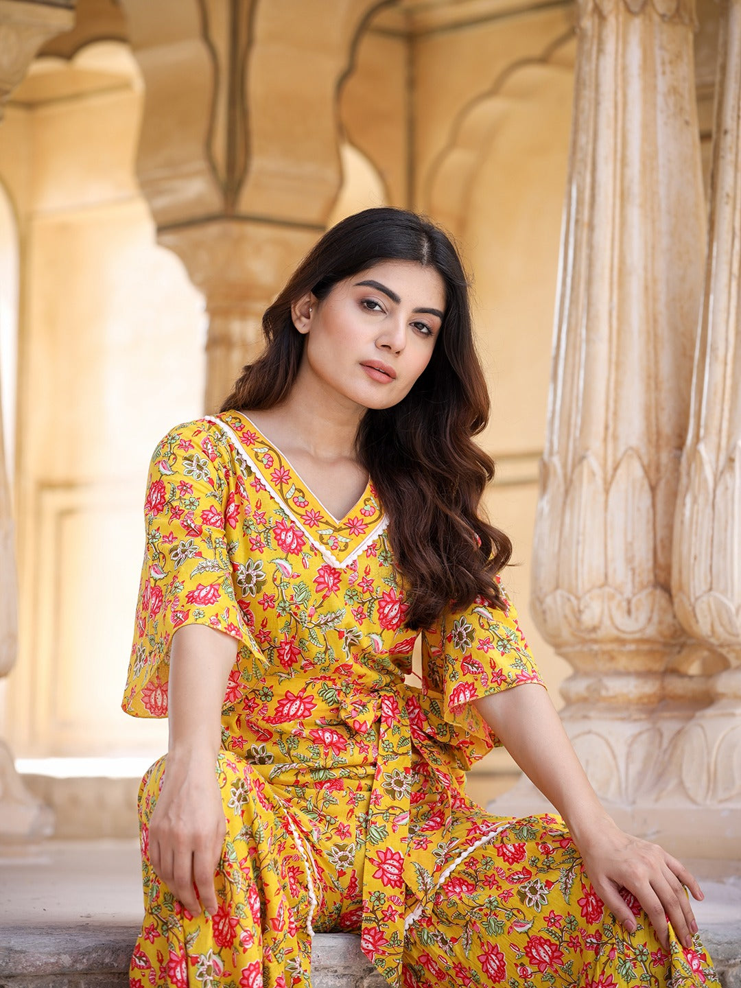 Yufta Mustard Printed Jumpsuit | Grocsy