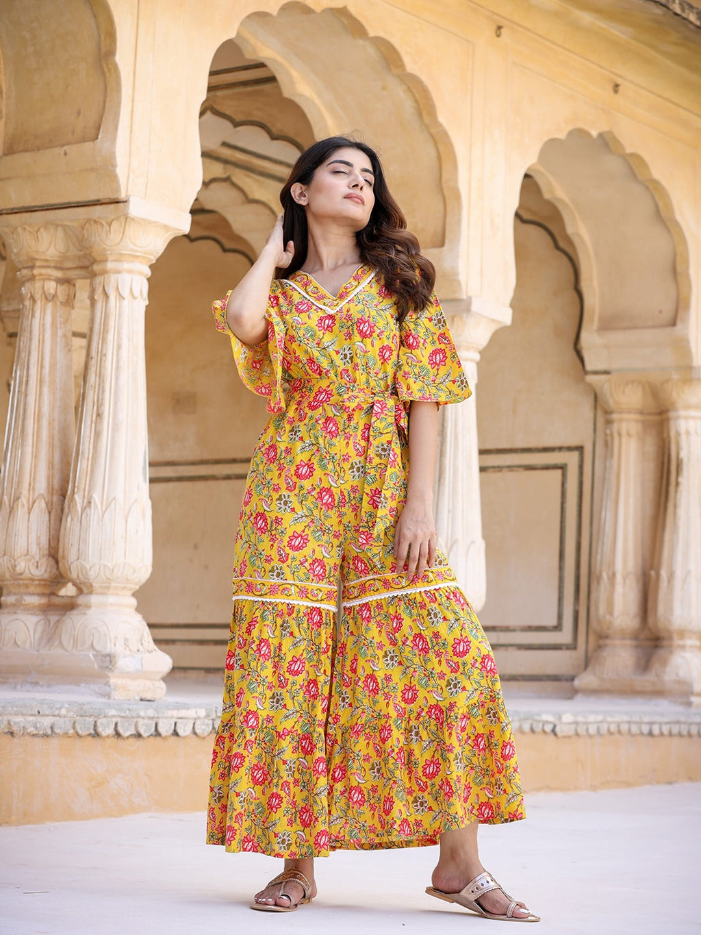 Yufta Mustard Printed Jumpsuit | Grocsy