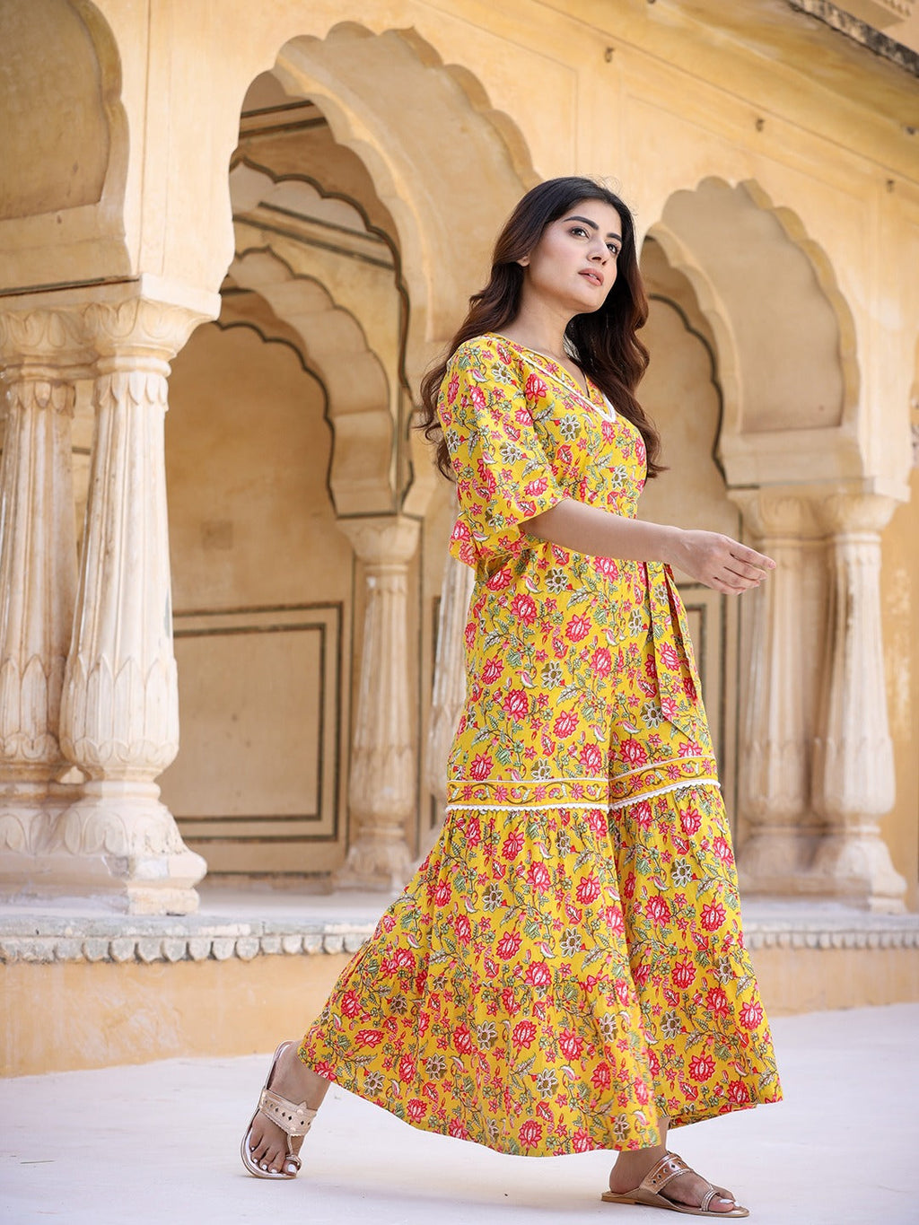 Yufta Mustard Printed Jumpsuit | Grocsy
