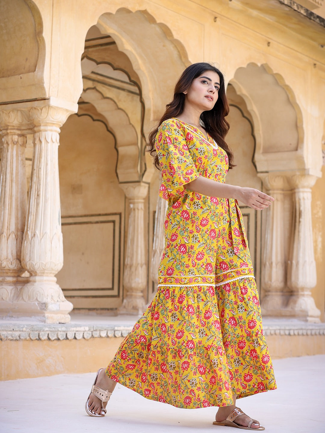 Yufta Mustard Printed Jumpsuit | Grocsy