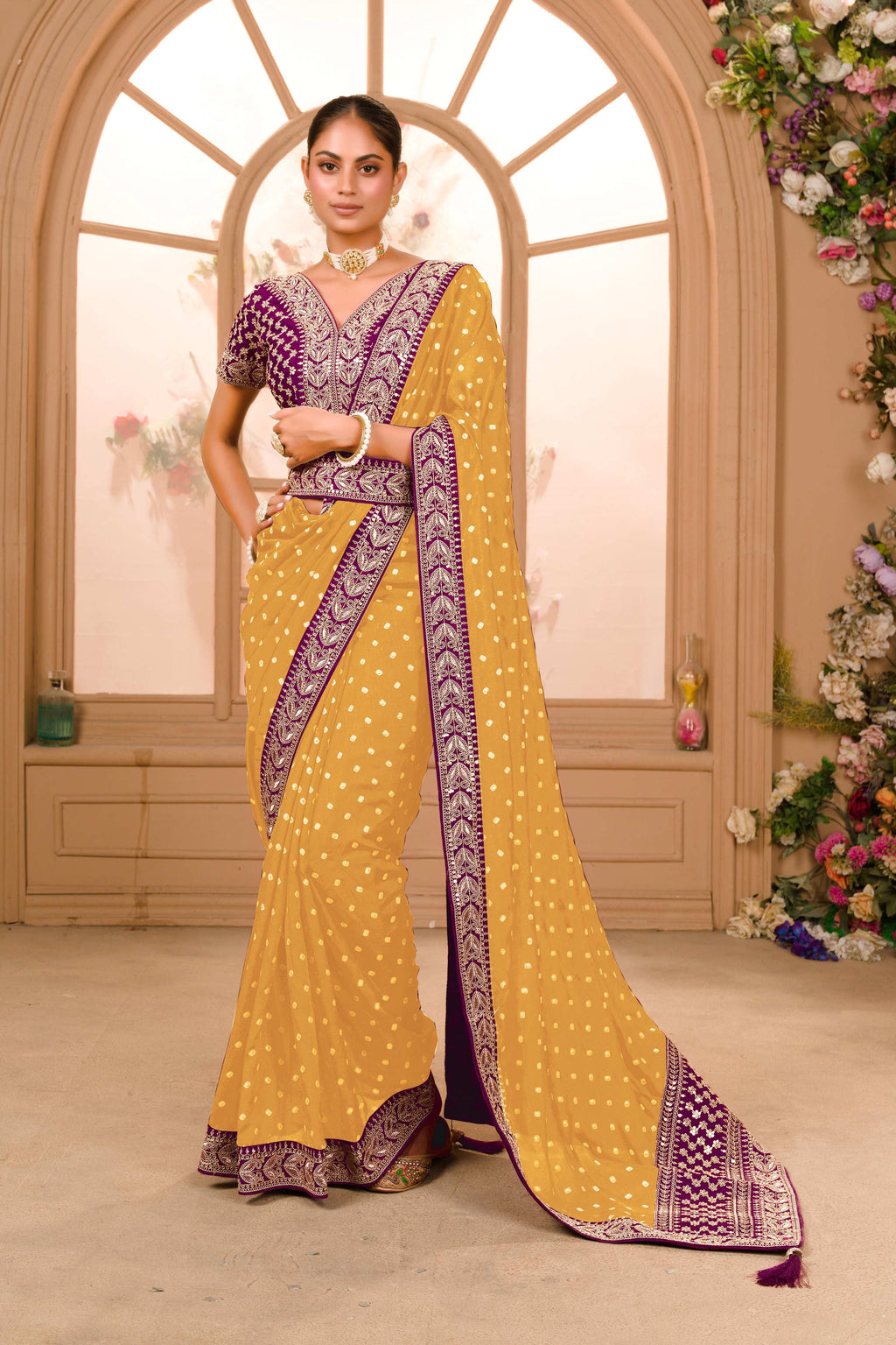 Teeya Creation Yellow Color Chinnon Silk Heavy Embroidery Work Saree | Grocsy
