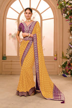 Teeya Creation Yellow Color Chinnon Silk Heavy Embroidery Work Saree | Grocsy