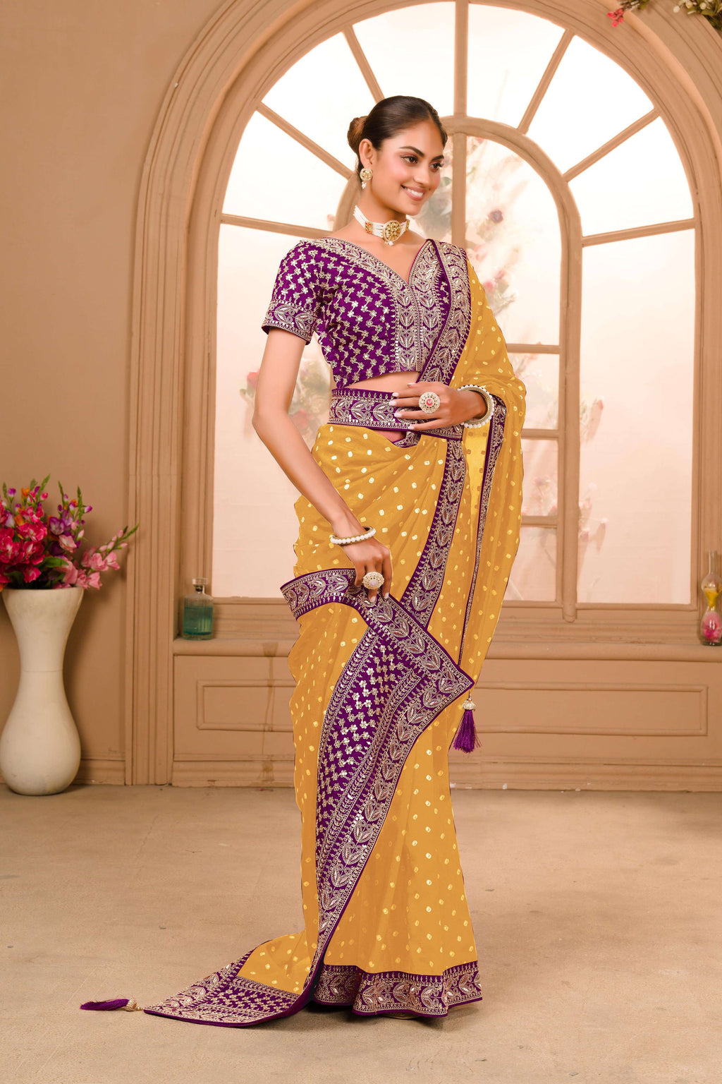 Teeya Creation Yellow Color Chinnon Silk Heavy Embroidery Work Saree | Grocsy