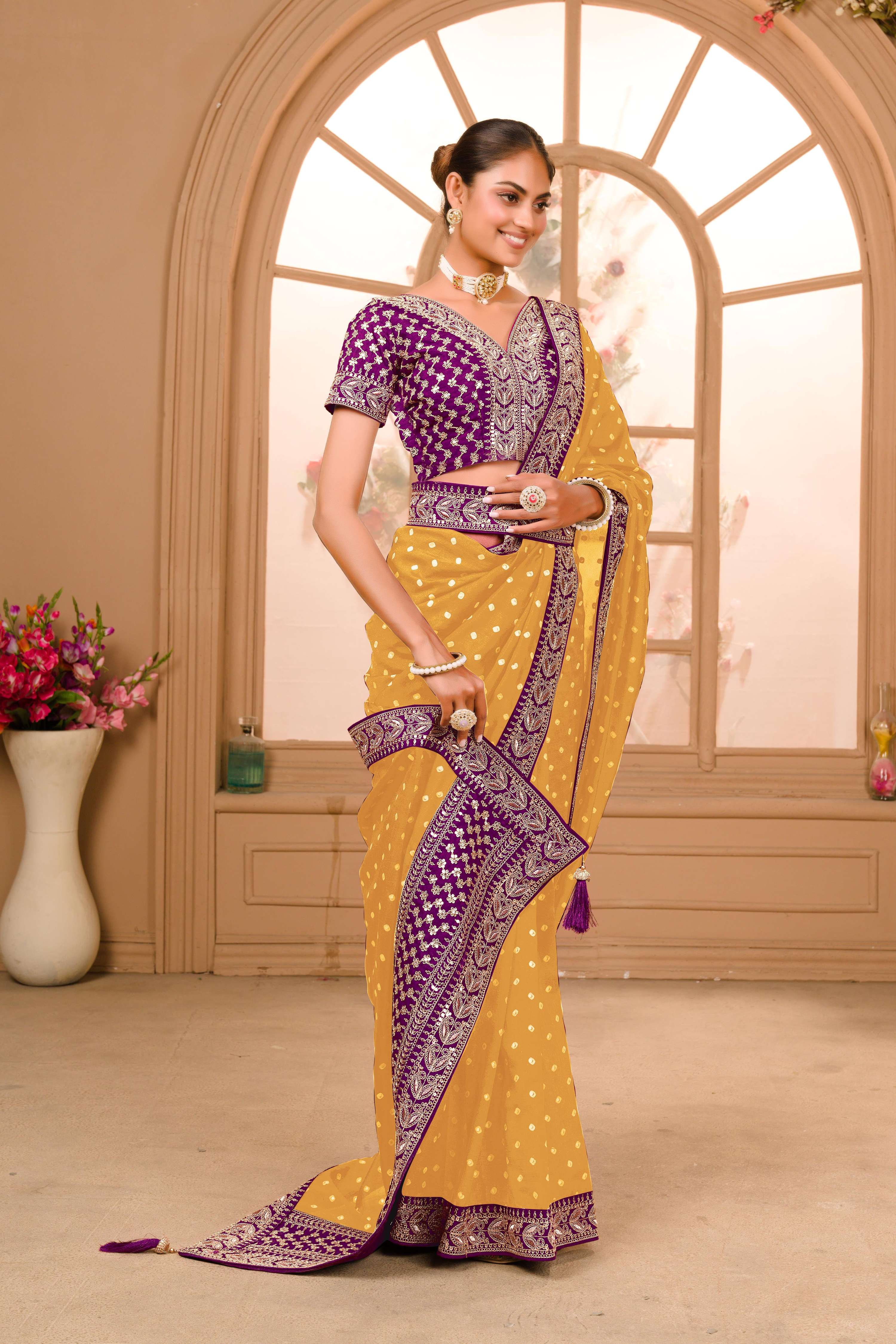 Teeya Creation Yellow Color Chinnon Silk Heavy Embroidery Work Saree | Grocsy