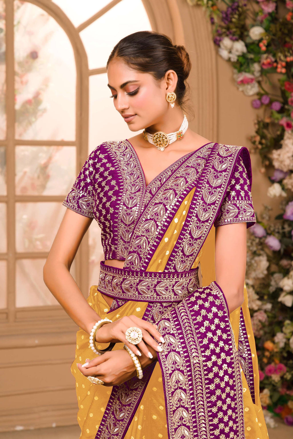 Teeya Creation Yellow Color Chinnon Silk Heavy Embroidery Work Saree | Grocsy