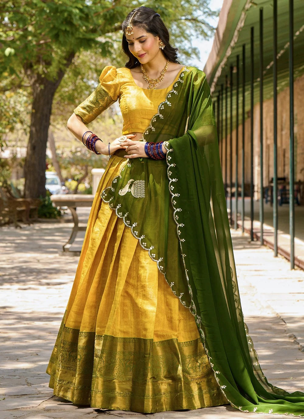 Lorenvalley Mustard Kanjivaram Silk Zari Weaving Lehenga Choli with Dupatta | Grocsy