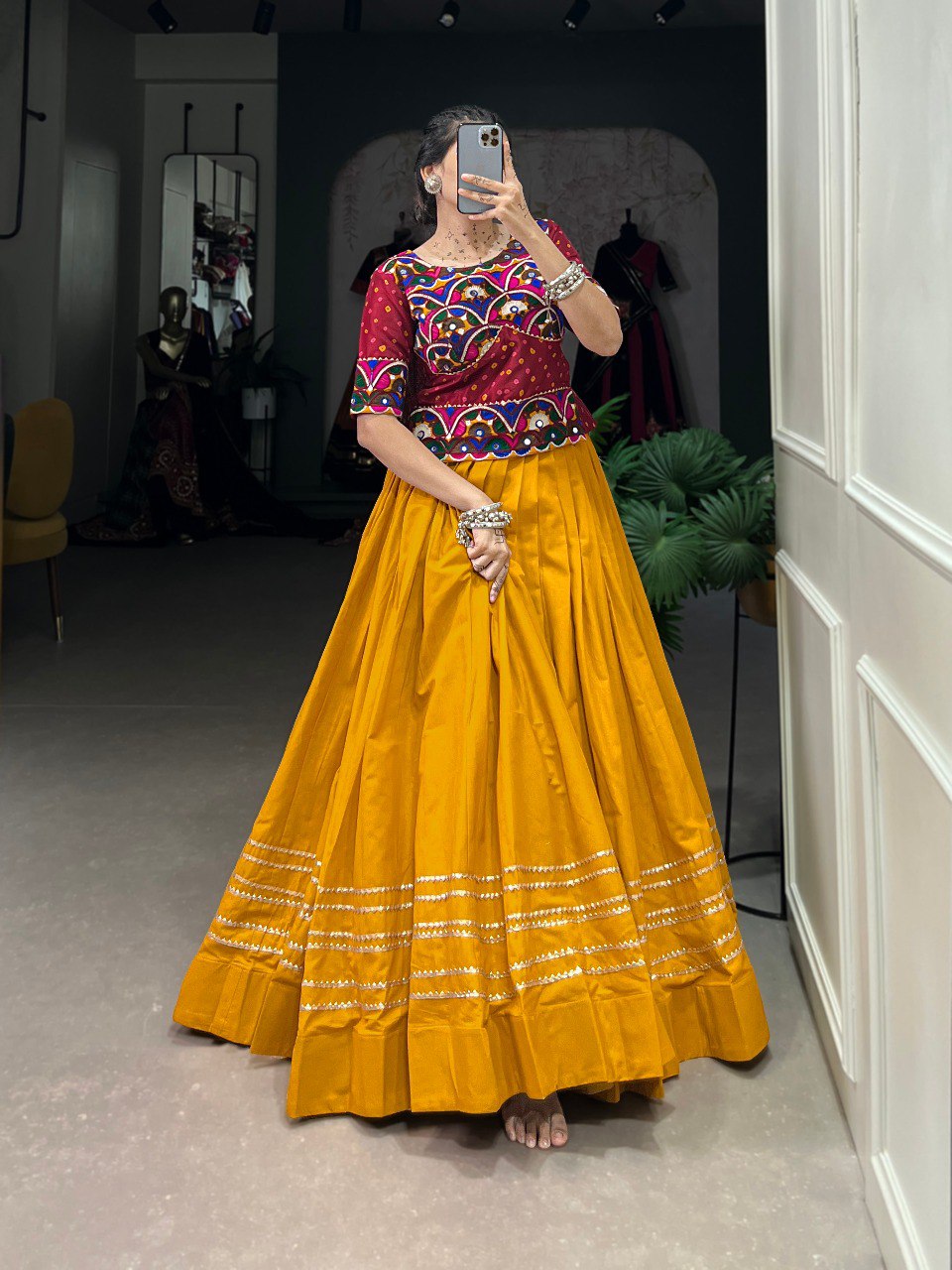 Lorenvalley Pure Cotton Mustard Plain With Gota Patti Touch Up Lehenga Choli | Grocsy