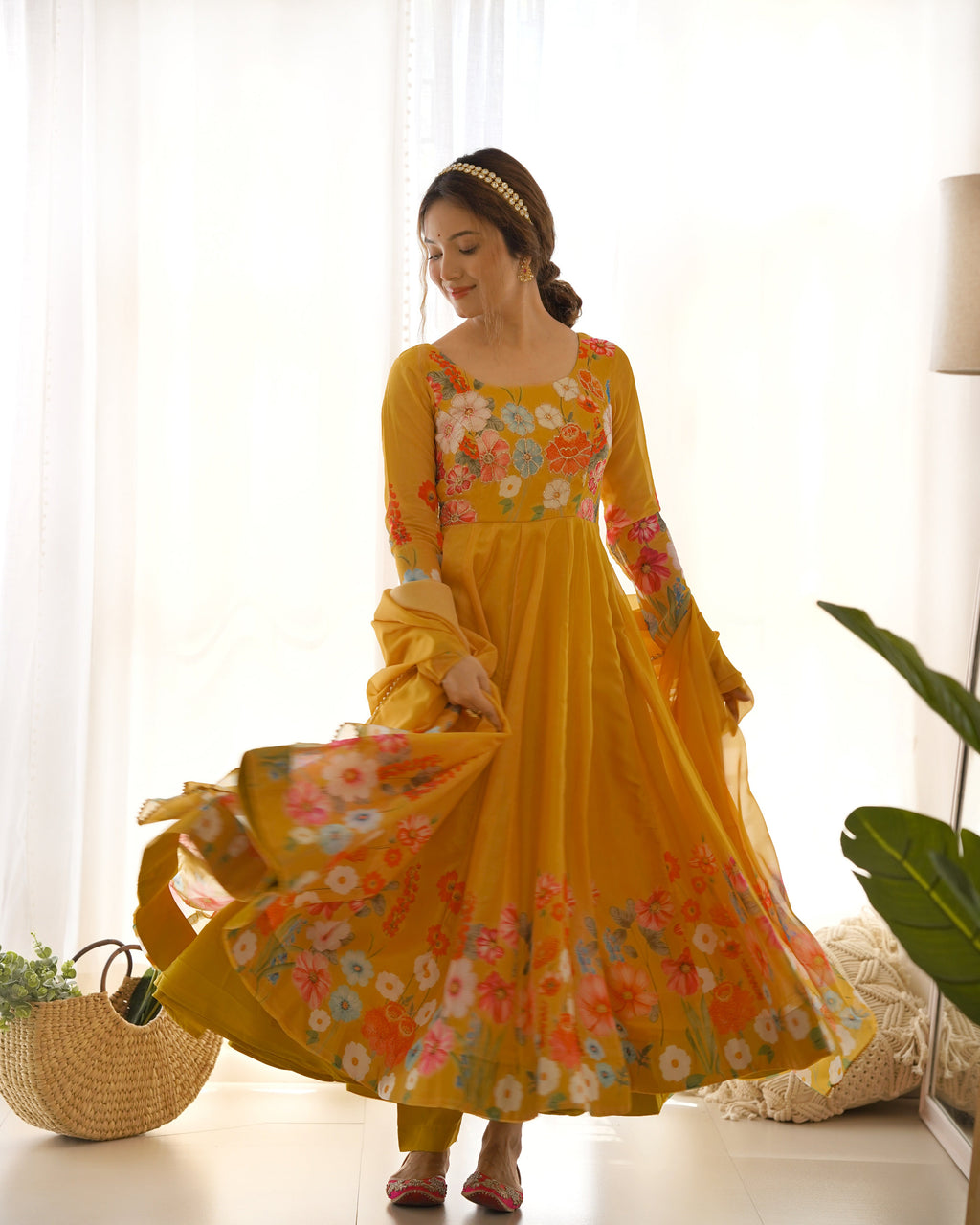Lorenvalley Parrot Soft Organza Silk With Floral Print Fully Flared Anarkali Pant With Dupatta Set - Mustard | Grocsy