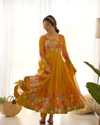Lorenvalley Parrot Soft Organza Silk With Floral Print Fully Flared Anarkali Pant With Dupatta Set - Mustard | Grocsy