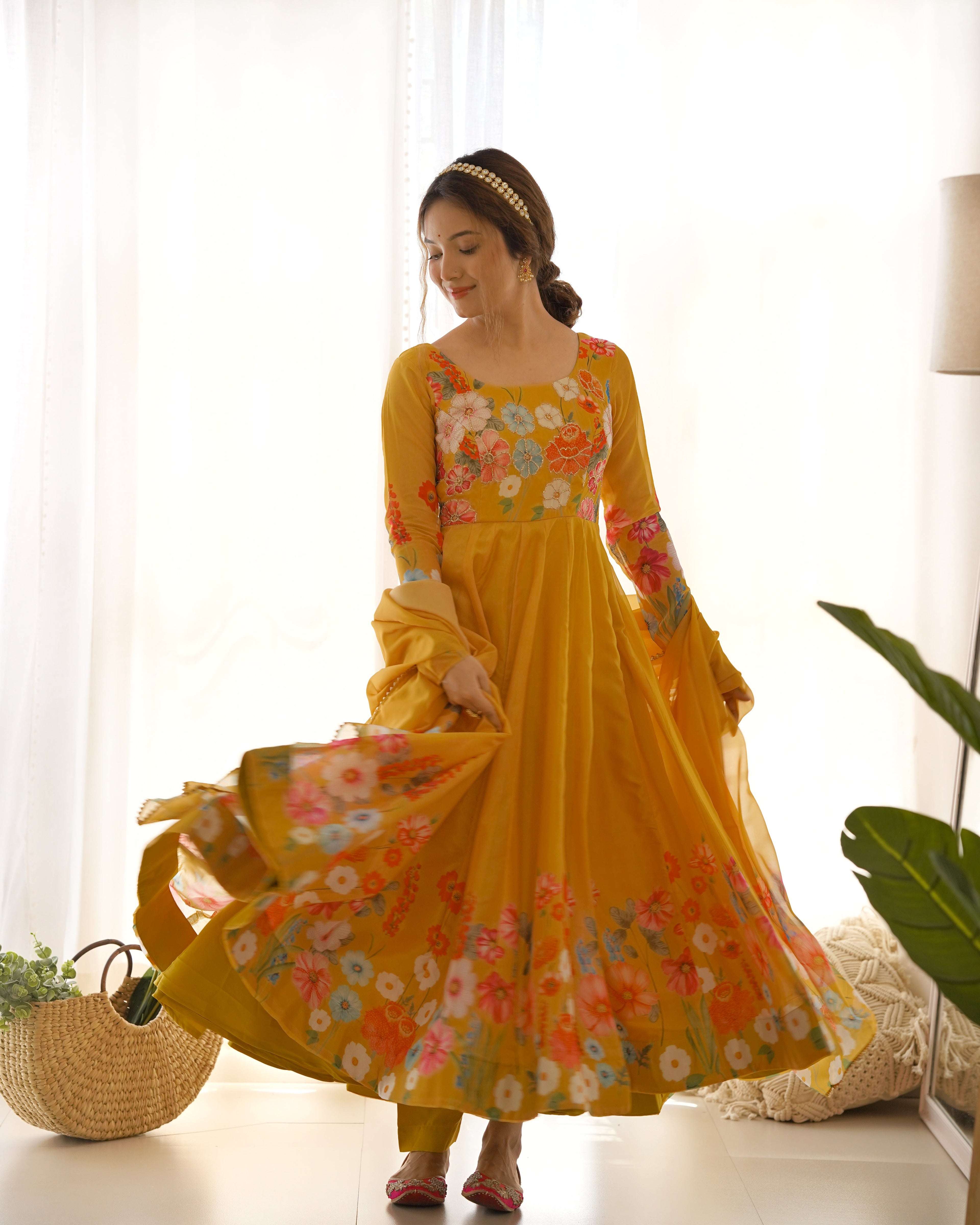 Lorenvalley Parrot Soft Organza Silk With Floral Print Fully Flared Anarkali Pant With Dupatta Set - Mustard | Grocsy