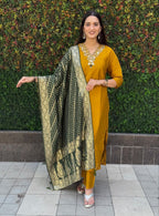 Lorenvalley Fashion Mustard Roman Silk Hand Work Kurta Pant with Dupatta | Grocsy