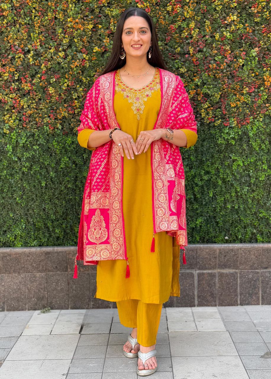 Lorenvalley Fashion Mustard Roman Silk Hand Work Kurta Pant with Dupatta | Grocsy