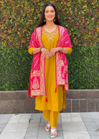 Lorenvalley Fashion Mustard Roman Silk Hand Work Kurta Pant with Dupatta | Grocsy
