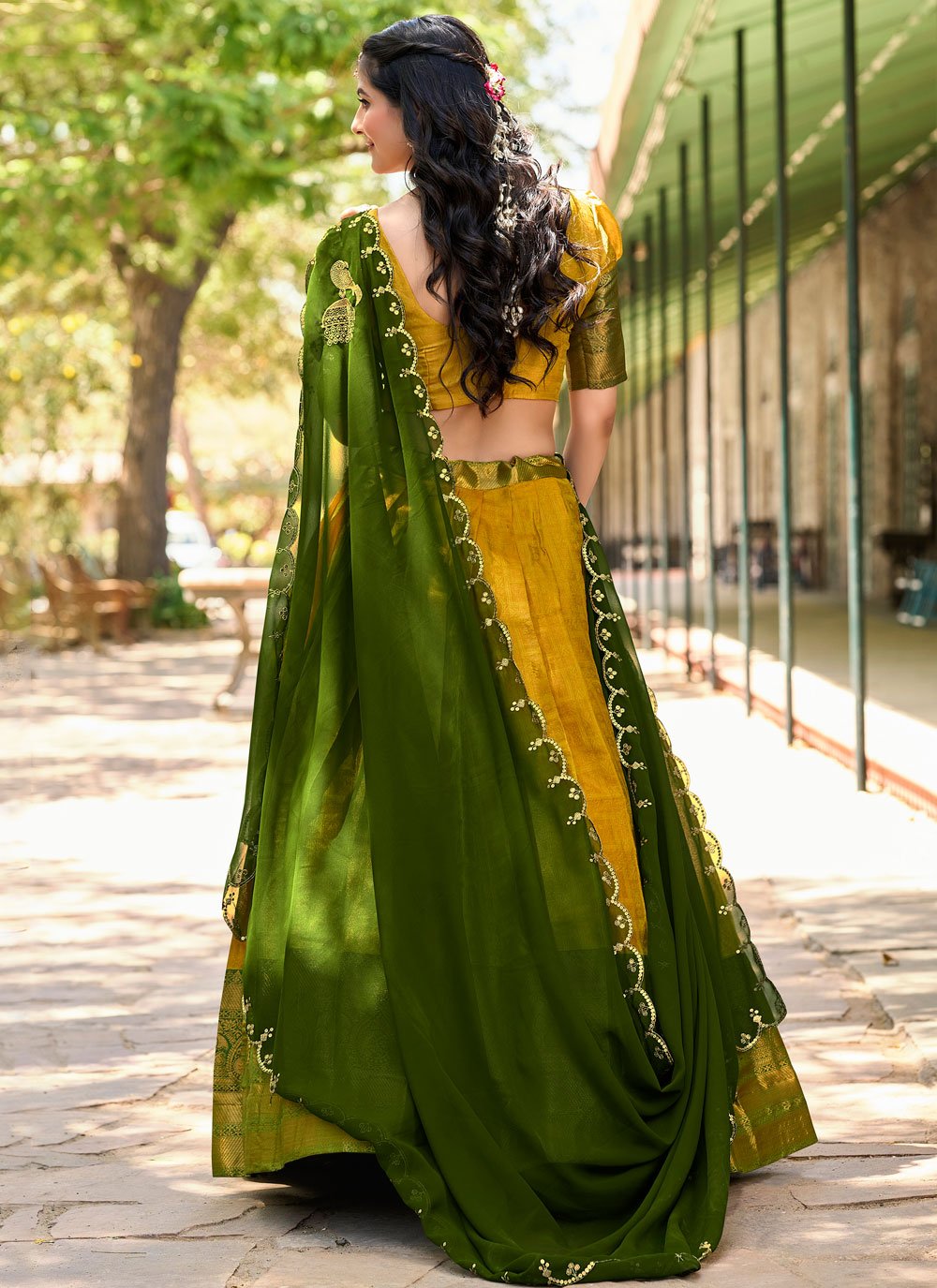Lorenvalley Mustard Kanjivaram Silk Zari Weaving Lehenga Choli with Dupatta | Grocsy
