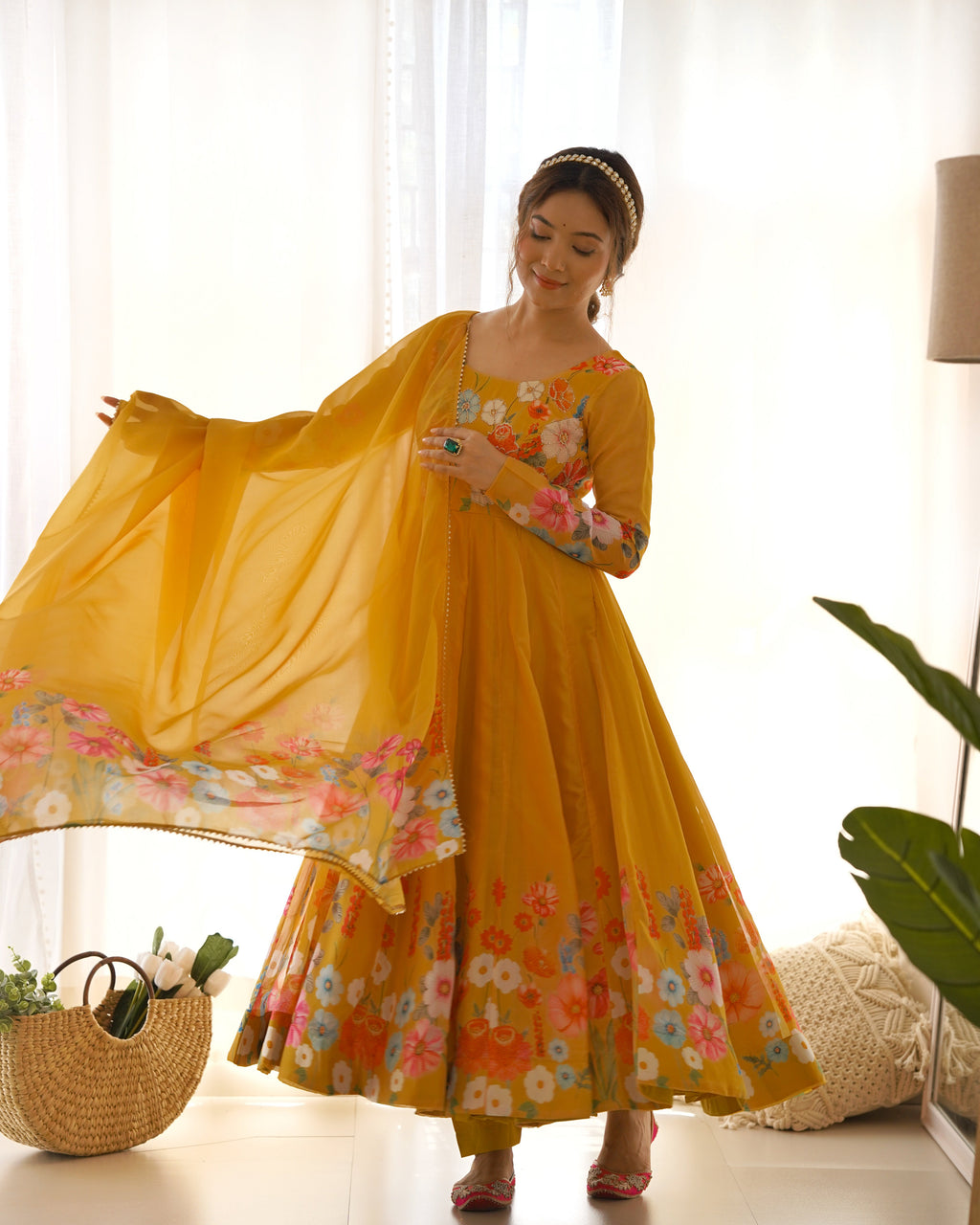 Lorenvalley Parrot Soft Organza Silk With Floral Print Fully Flared Anarkali Pant With Dupatta Set - Mustard | Grocsy